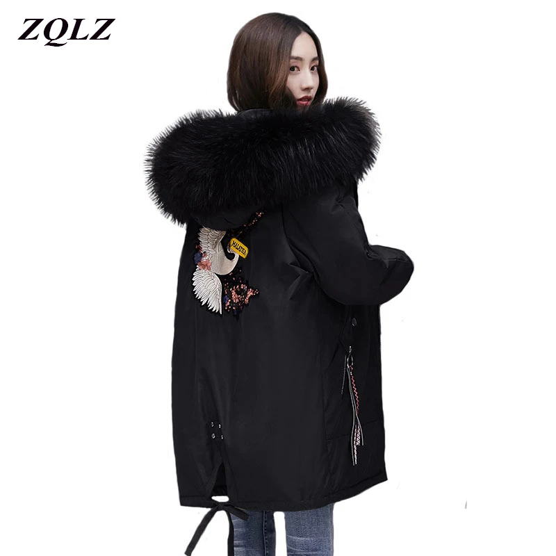 ZQLZ Winter Coat Women 2020 New Embroidery Casual Hooded Fur Collar Loose Long Parka Mujer Thick Warm Overcoat Fashion Jacket