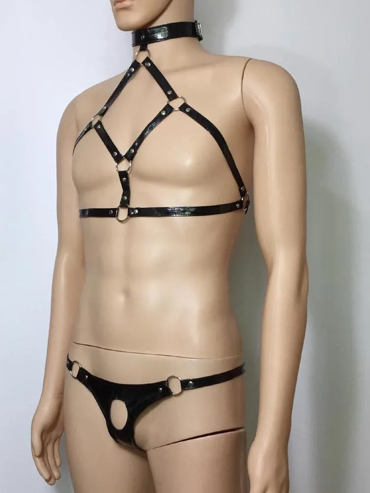 

Sexy Fetish Men Faux Leather Wet Look Body Harness Bikini Underwear Top Crotch Hole Panties Mankini Night Club Costume