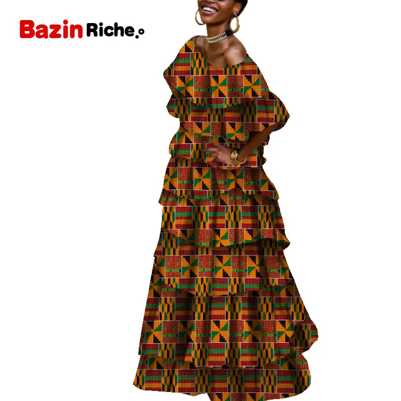 

2021 African Dresses for Women Print Multi-layers Cake Long Dresses Vestidos Bazin Riche African Ankara Dresses Clothing WY5555