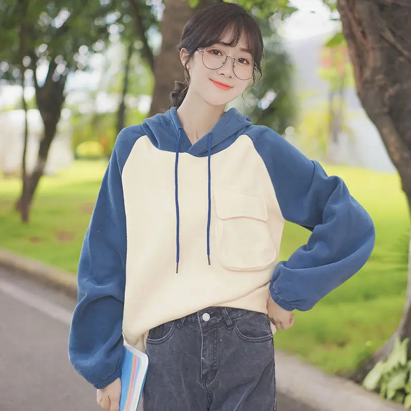 

Chic Khaki 2019 Autumn and Winter New Women's Coat Loose Pullover Color Matching Top Versatile Student Hooded Sweater Fashion
