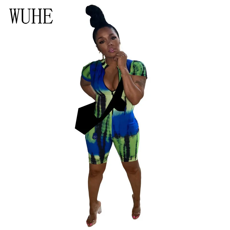 

WUHE Summer Sporty Short Jumpsuit Bodycon Women Zipper One Piece Outfit Print Short Sleeve Casual Athleisure Loungewear Overalls