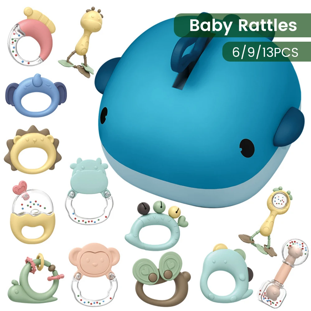 

Baby Handbell Cartoon Rattles Teething Toys Multi-function Baby Rattles Colorful Teether Early Education Toy with Whale Box