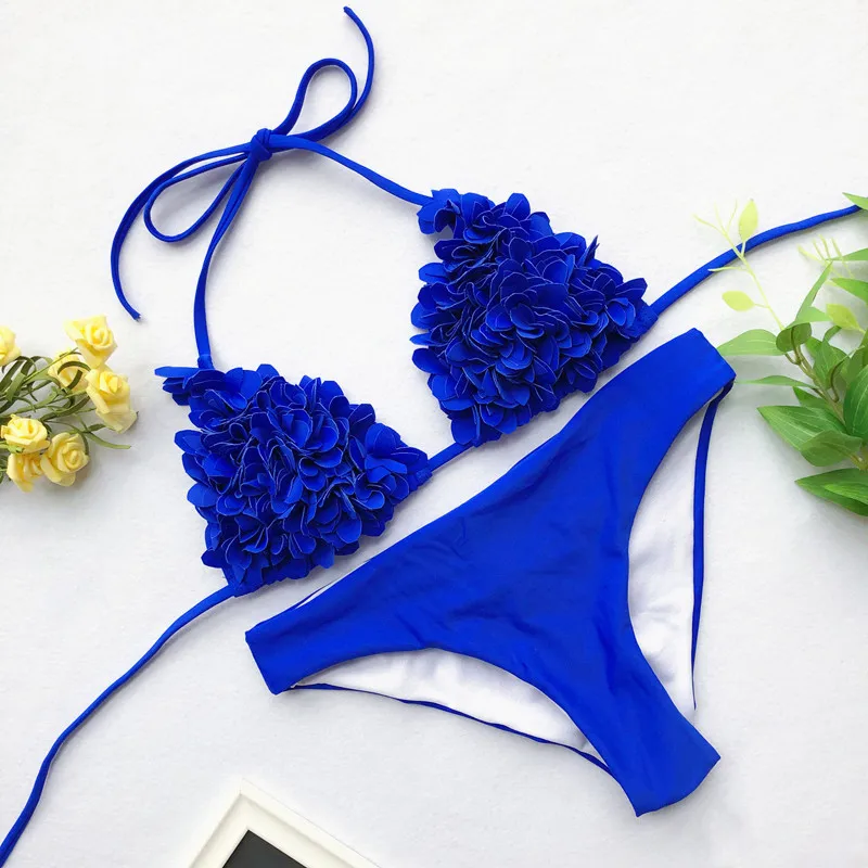 

Women Sexy Swimming Set Thin Strap Three Dimensional Flowers Beach Bikini Sets