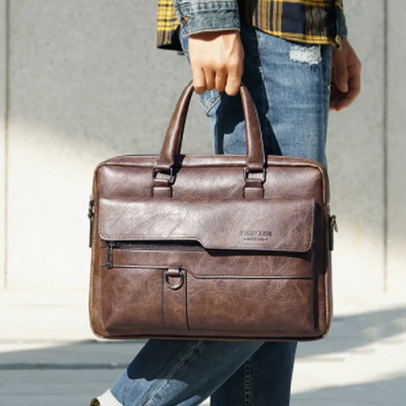 Retro Men PU Leather Black Briefcase Business Men Handbags Male Vintage Shoulder Messenger Bag Men 14inch Large Laptop Handbags