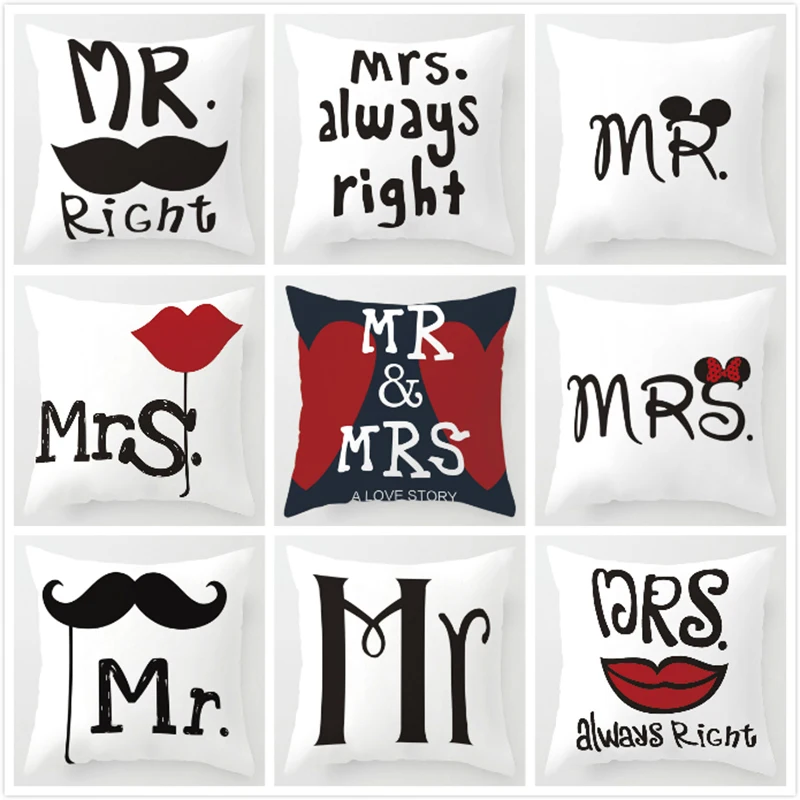 

MRS &MR Couples Cushion Cover Sweet Lovers Square Pillowcase 45x45cm Home Decor Waist Pillow Case cojines