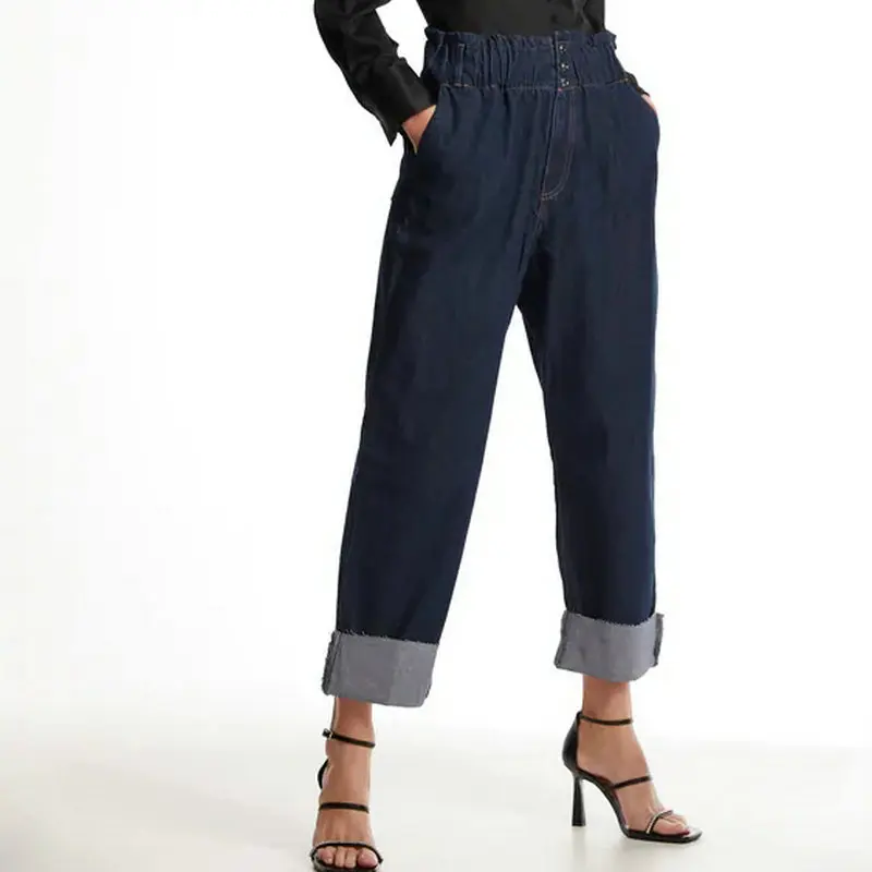

Fashion Women Dark Blue Straight Denim Pant Three Button Front Design Elastic High Waist Jeans Cozy Comfort Bottoms S M L