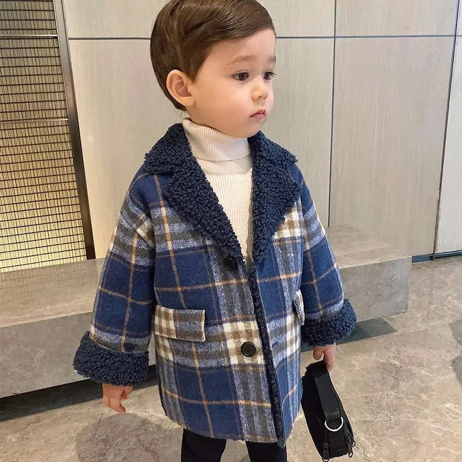 Blue Plaid Новые зимние куртки Однотонное шерстяное двубортное шерстяное пальто для мальчиков модная детская верхняя одежда с отворотом, пальто для мальчиков, ветровка для детей возрастом от 1 года до 5 лет - Цвет: Blue Plaid