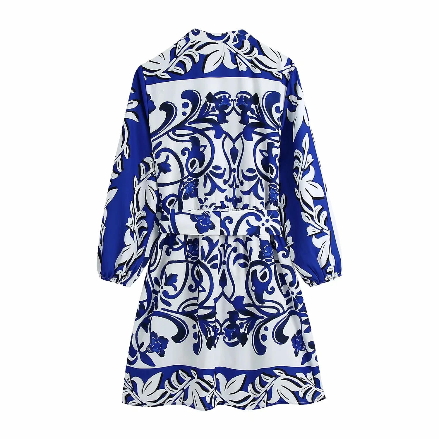 

KRSB Summer Women's Blue Printed V-neck Loose Aline Waist Tie Dress Blue and White Porcelain Printed Chinese Style