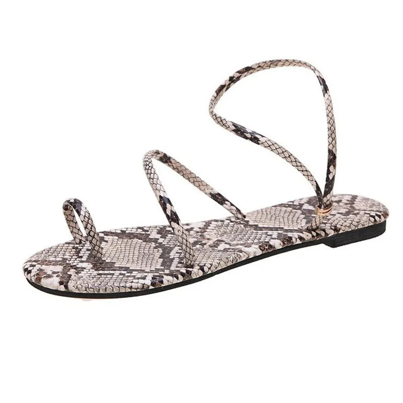 Summer Women's Sandals Clip Toe Snake Pattern Slippers Ankle Strap Female PU Leather Flats Lady Beach Fashion Personality Shoes