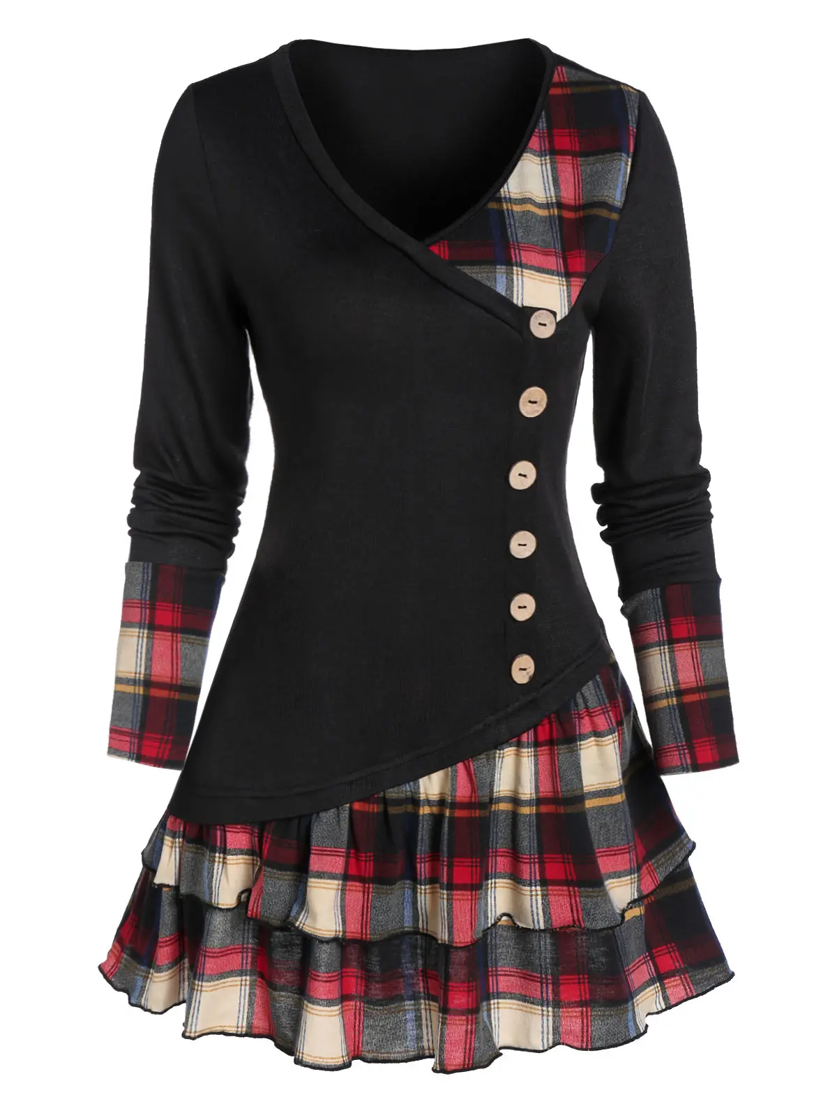 Женская клетчатая футболка DRESSFO длинная с длинным рукавом и v-образным вырезом на