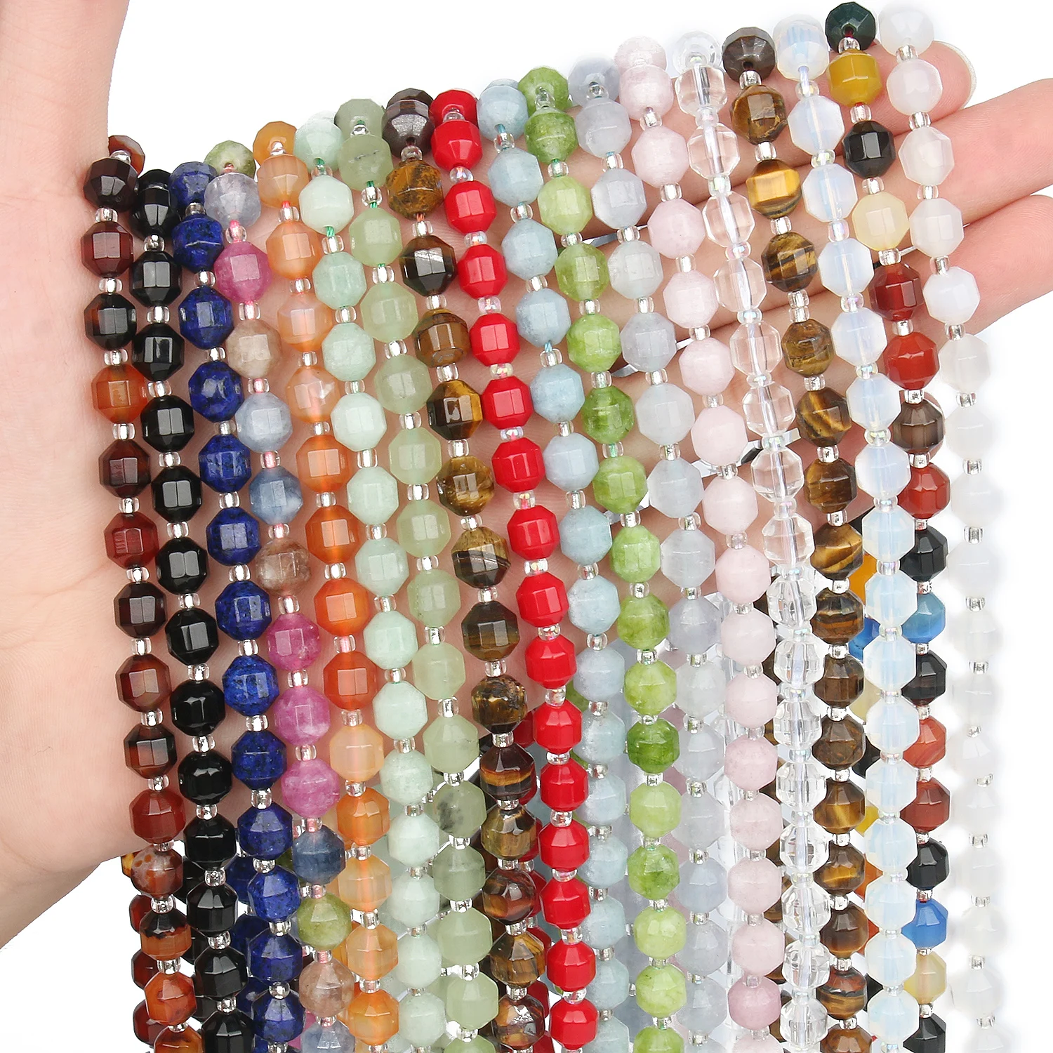 

Natural Stone Beads Faceted Agate Tiger Eye Aquamarine Round Loose Spacer Beads for Jewelry Making DIY Bracelet Accessories 15"