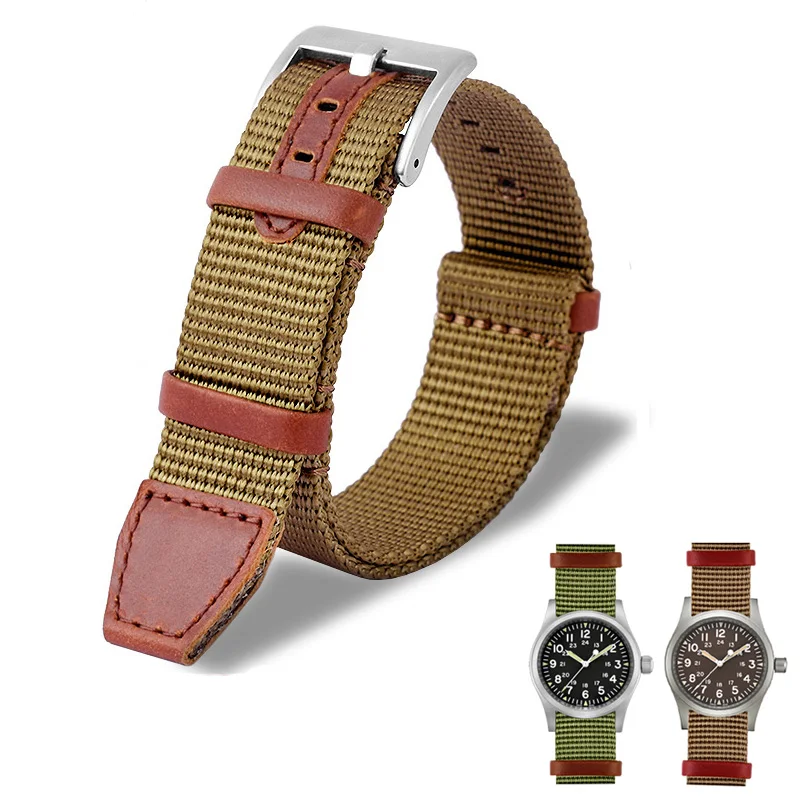 

20mm 22mm Woven Nylon +Genuine Leather NATO Strap for Hamilton Khaki Green Field Watch H69439931 441 Men Outdoor Sport Watchband