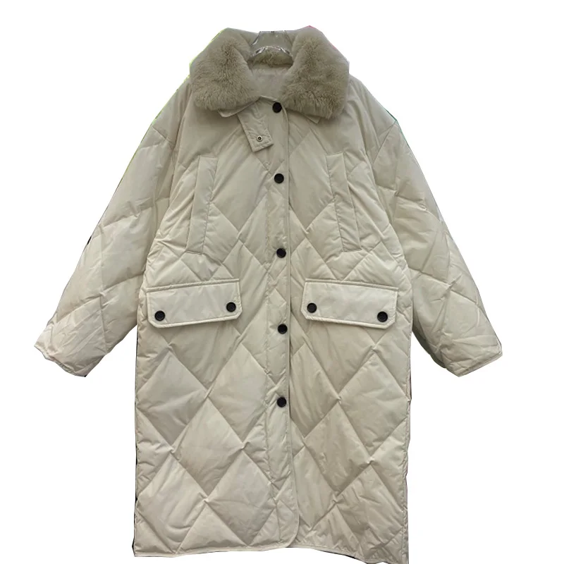 

Женский длинный пуховик в западном стиле, свободный пуховик с ромбовидным воротником из кроличьего меха, куртка в западном стиле для осени ...