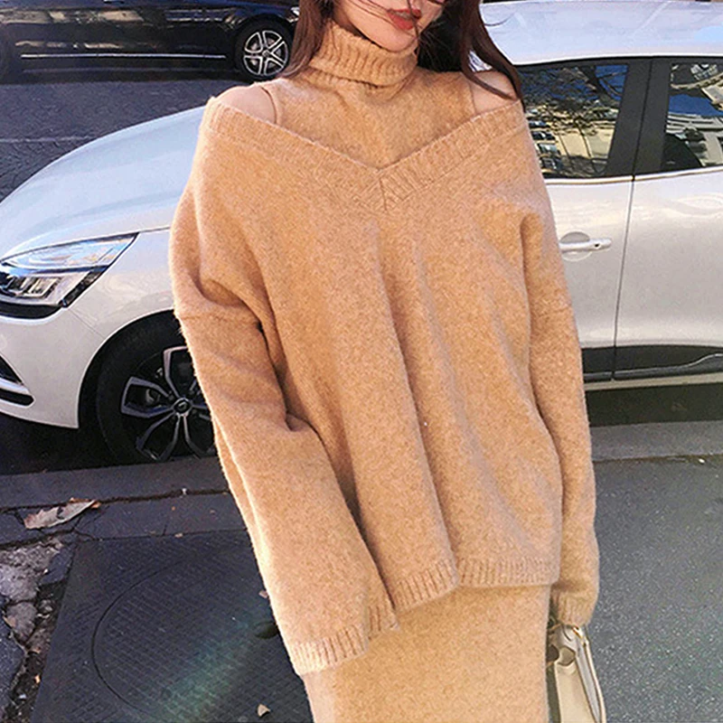 Корейский комплект из двух предметов пуловер Женский вязаный свитер + водолазка