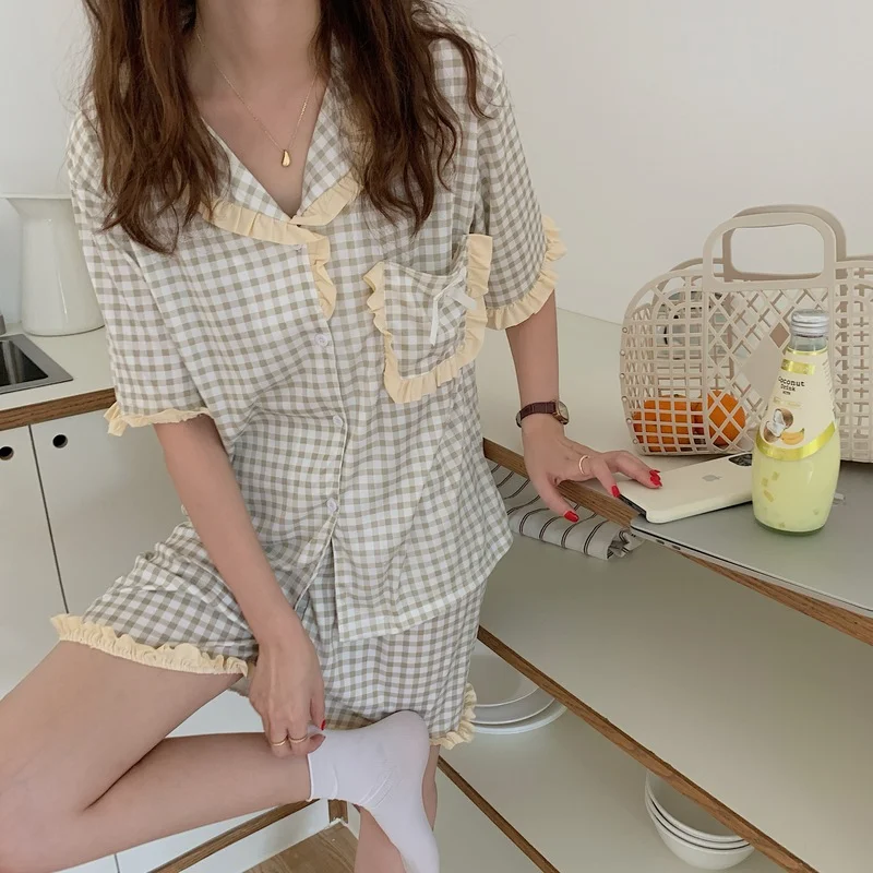 

Harajpee Korean Pajamas Plaid Printing Short Sleeve Women 2021 Summer New Sweet Home Wear Turn-down Collar Soft Casual Sleepwear
