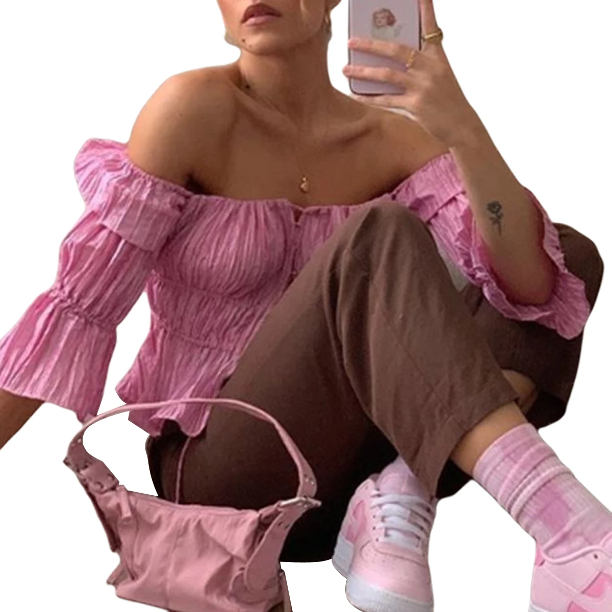 Женская летняя футболка с рукавами трубами модная Однотонная вырезом лодочкой и