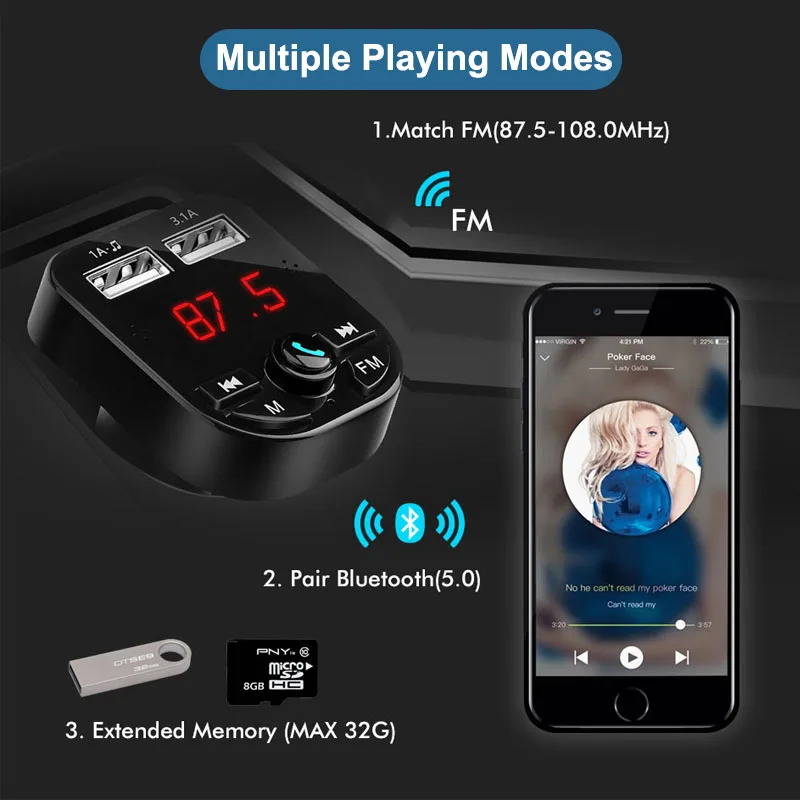 Автомобильный MP3 плеер V5.0 с поддержкой формата Bluetooth Wav пластиковый беспроводной
