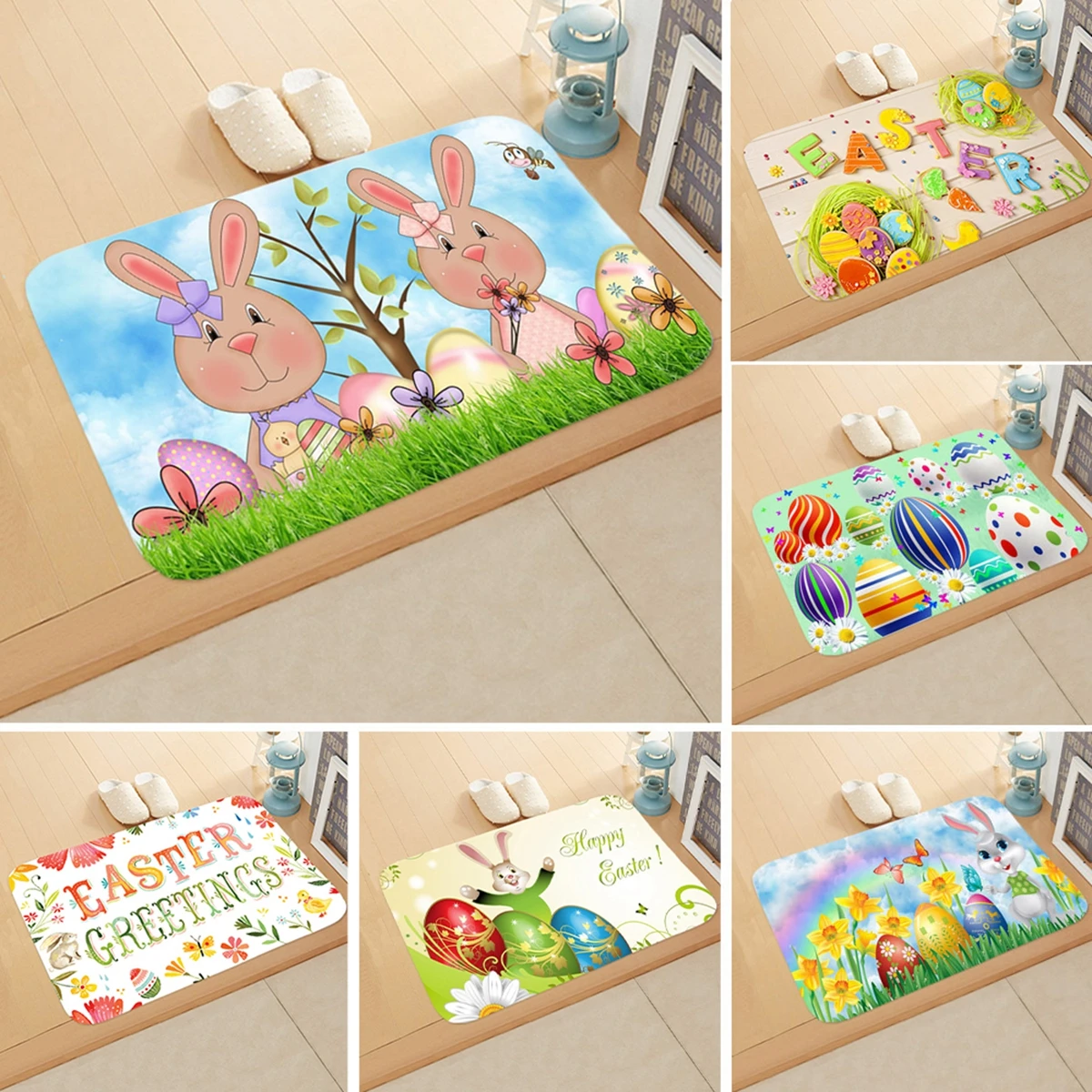 

40x58cm Easter Flannel Mat Cartoon Bunny Colorful Rabbit Eggs Floor Carpet Happy Easter Decoration for Home Easter Party Decor