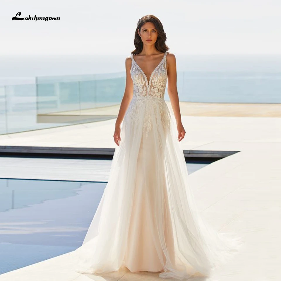 

Lakshmigown Princess Bridal Robe Vintage Mermaid Wedding Dresses 2021 Vestido Playero Lace Appliques Backless Wedding Gowns