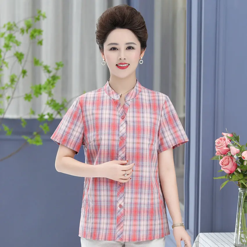 

Summer Red Plaid Shirt Middle Aged Women Casual Short Sleeve Mandarin Collar Checked Pattern Top Mother Daily Clothes Plus Size