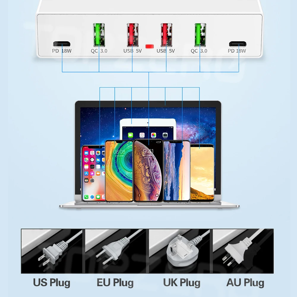 6-портовое быстрое зарядное устройство 3 0 USB QC PD зарядная станция адаптер для iPhone