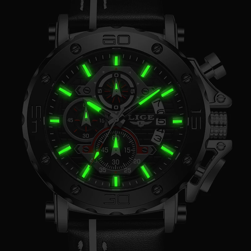 LIGE Роскошные мужские часы с большим циферблатом военные кварцевые кожаные