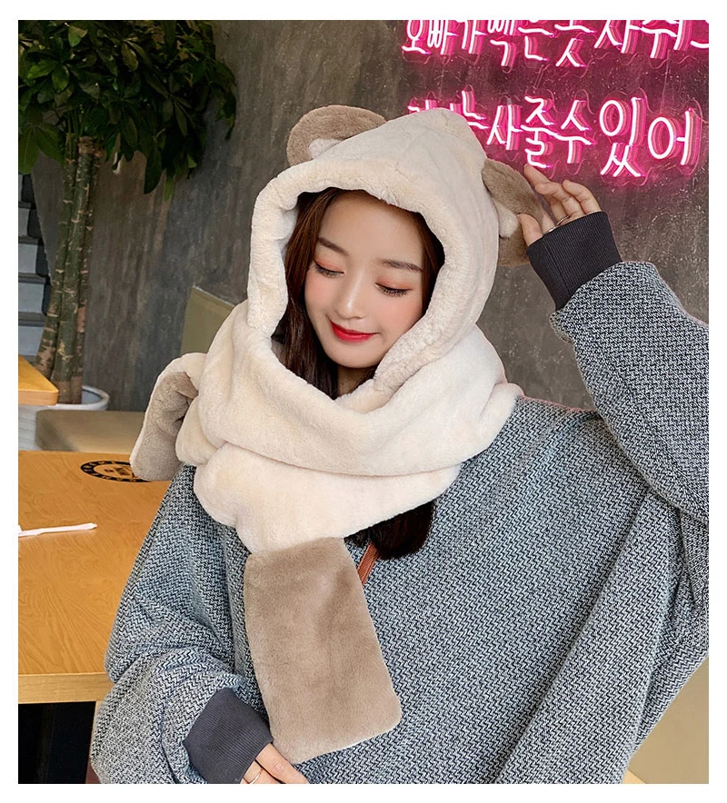 

1pc Women Novelty Cute Ear Hat Scarf Set Velvet Warm Thick Winter Scarf With Cap For Girls Female Faux Fur Shawl