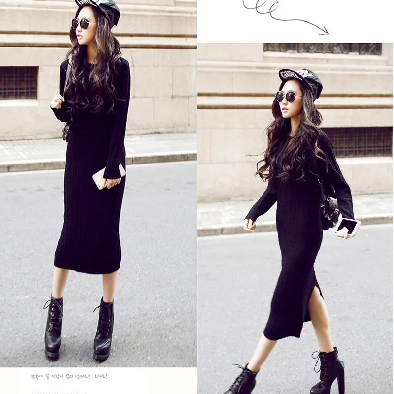 Elegant korean style women sweater knitted dress Autumn winter o-neck female long Sexy holiday solid ladies | Женская одежда