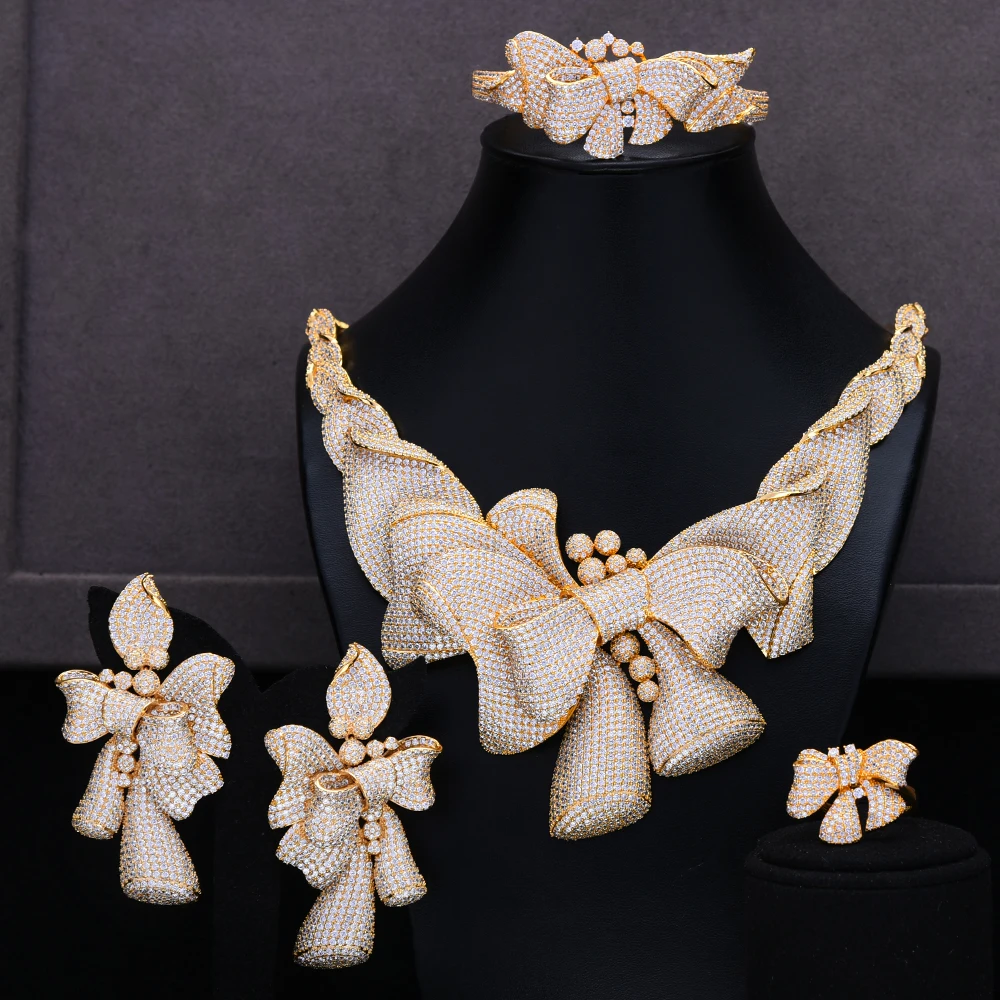 GODKI роскошный комплект из 4 предметов ожерелье с бантом серьги наборы кубический