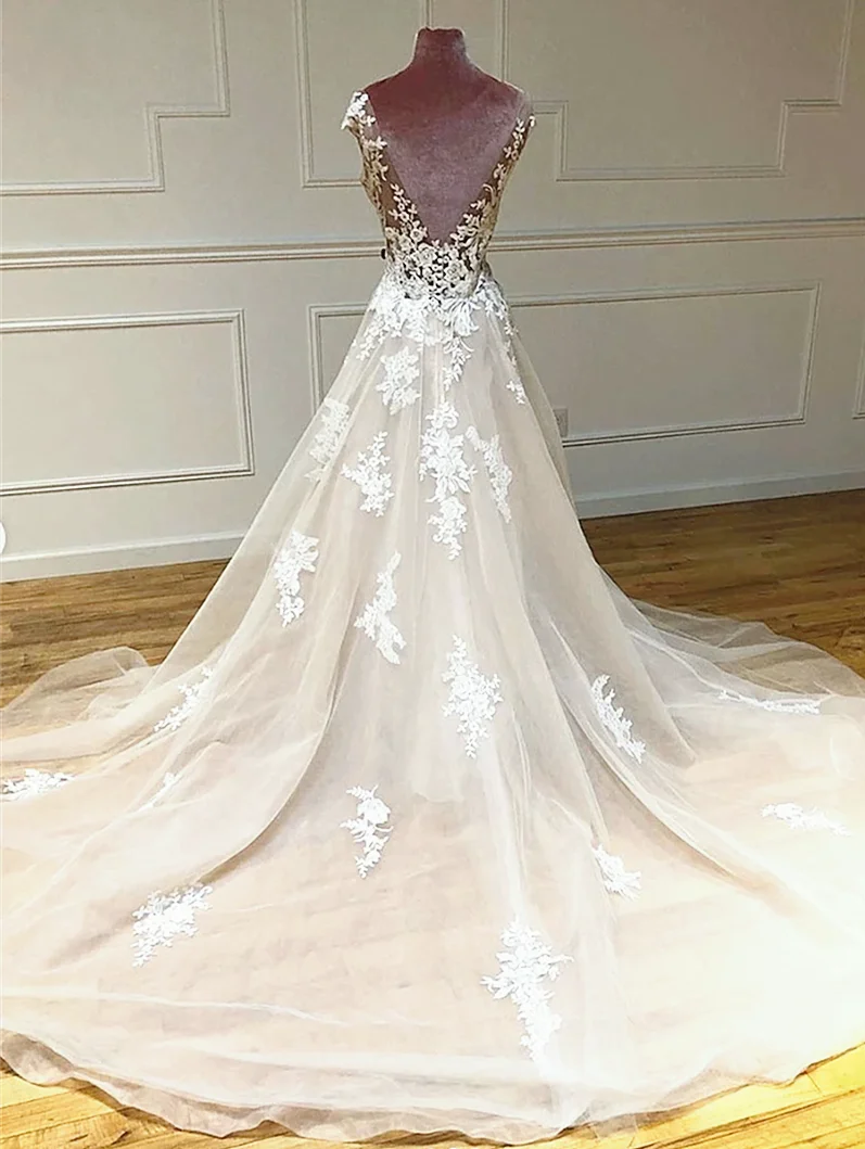 

Champagn Prom Dress Appliques Illusion Boat Neck Cap Sleeveless Court Train Backless Luxury Formal Evening Dress