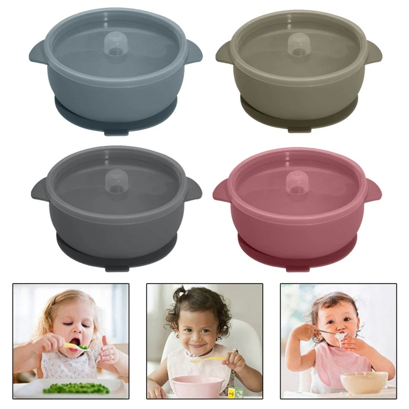 

Portable Solid Colour Baby Silicone Plate Bowl Toddler Feeding Double Handle Bowl with Suction Cup Infant Dishes Kids