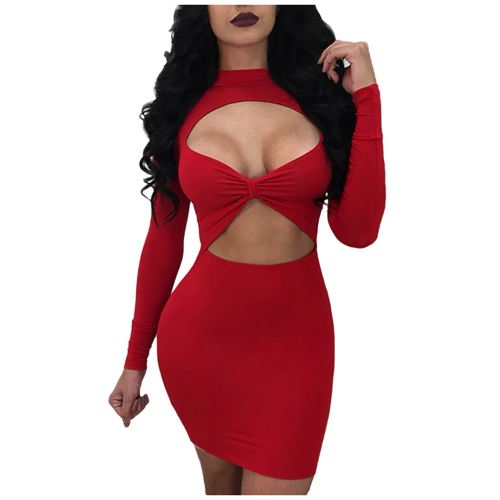 Женское зимнее облегающее платье соблазнительное с бантом и длинным рукавом