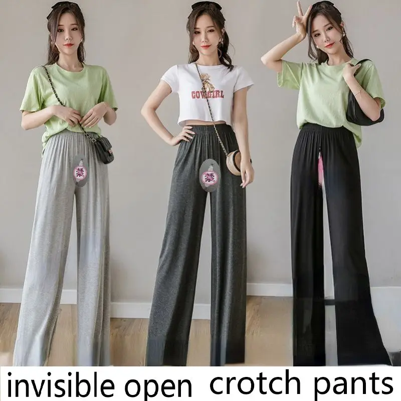 

Summer Modal Ice Silk Wide Leg Pants Women's Invisible Zipper Open Crotch Pants Are Easy To Take Off for Outdoor Dating Fetish