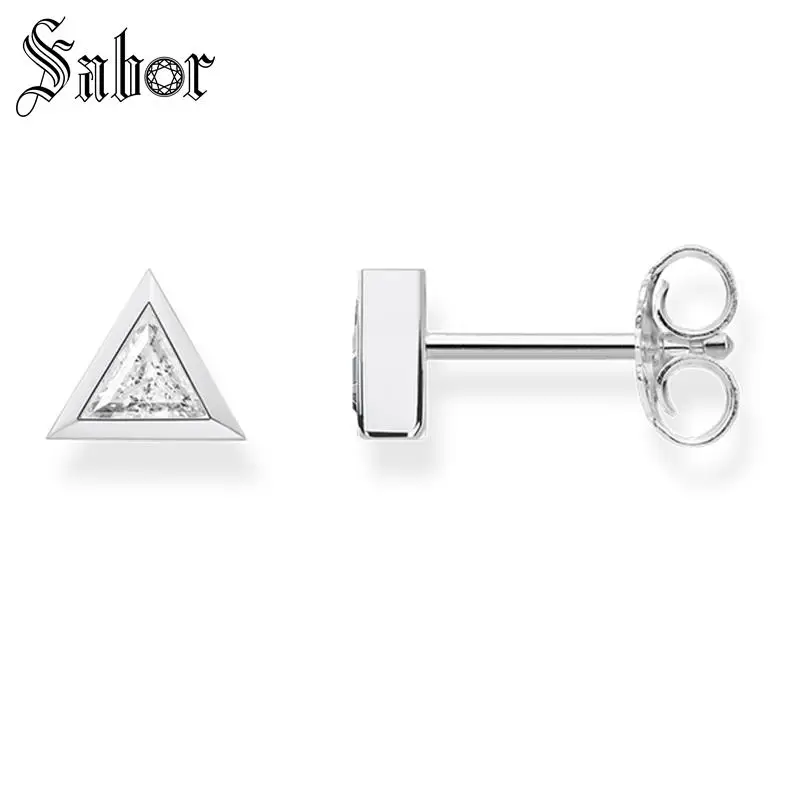 Серьги-гвоздики в виде треугольников серебристого цвета с кристаллами |