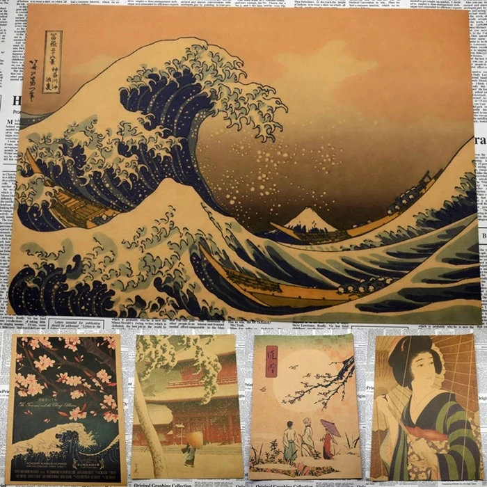 

Japanese style Retro vintage kraft paper poster Japanese ukiyo-e izakaya sushi restaurant hotel decorative wall sticker