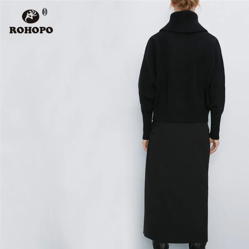 ROHOPO черепаха-шеи пуговицы летают длинный Пышный рукав темно-синий свитер эластичность Подол Дамы Твердые осенние вязаные топы#2326