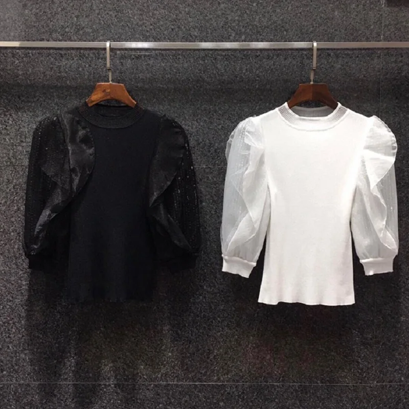 

Sweaters 2021 Pullover Autumn Winter Knitwear Women Sequined Sleeve Ruffle Deco Ladies Soft Knitting Casual White Black Jumpers