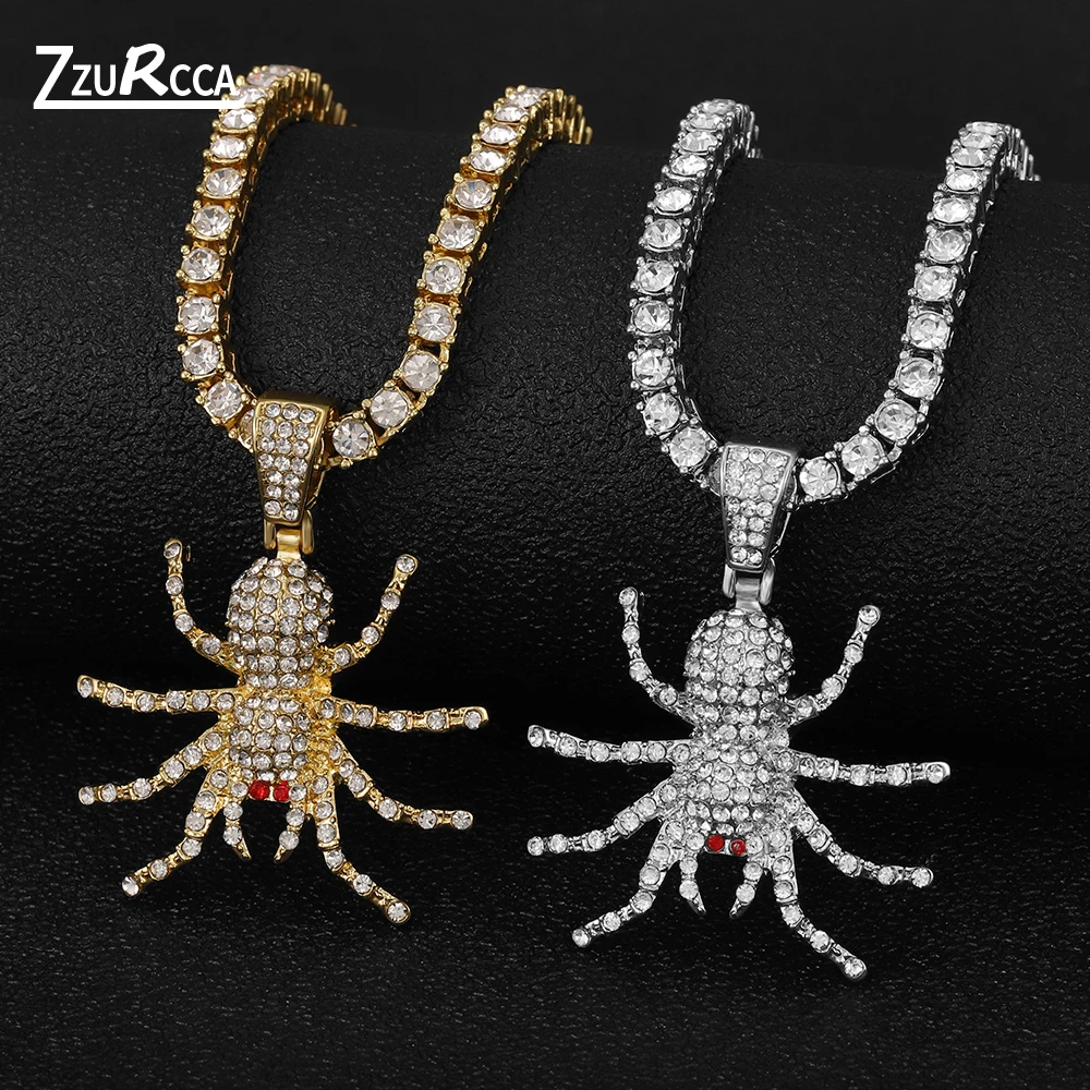 

Gold Color Spider Pendant Necklace Hip Hop Iced Out Cuban Chain Necklace for Men with Bling Rhinestone collares para mujer