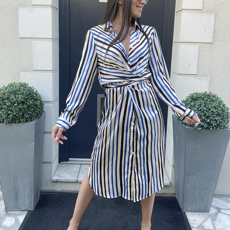 

Autumn Long Striped Shirt Dress Women Casual Turn-down Collar Single Breasted Long Sleeve Shirt Dress Party Office Vestido 2021