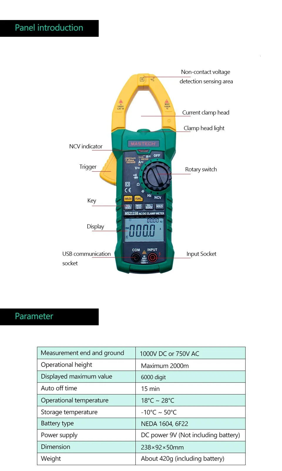 MASTECH MS2115B цифровой AC/DC клещи с 6000 счетами NCV True RMS AC/DC напряжение тока тестер детектор с USB