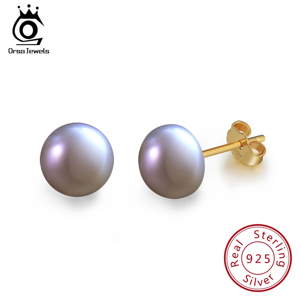 Gold- Purple Pearl ORSA JEWELS, женские серьги-гвоздики с натуральным пресноводным жемчугом, 8 мм, белый, розовый жемчуг, 925 пробы, серебро, Женские Ювелирные изделия для вечеринки RSE86 - Цвет камня: Gold- Purple Pearl