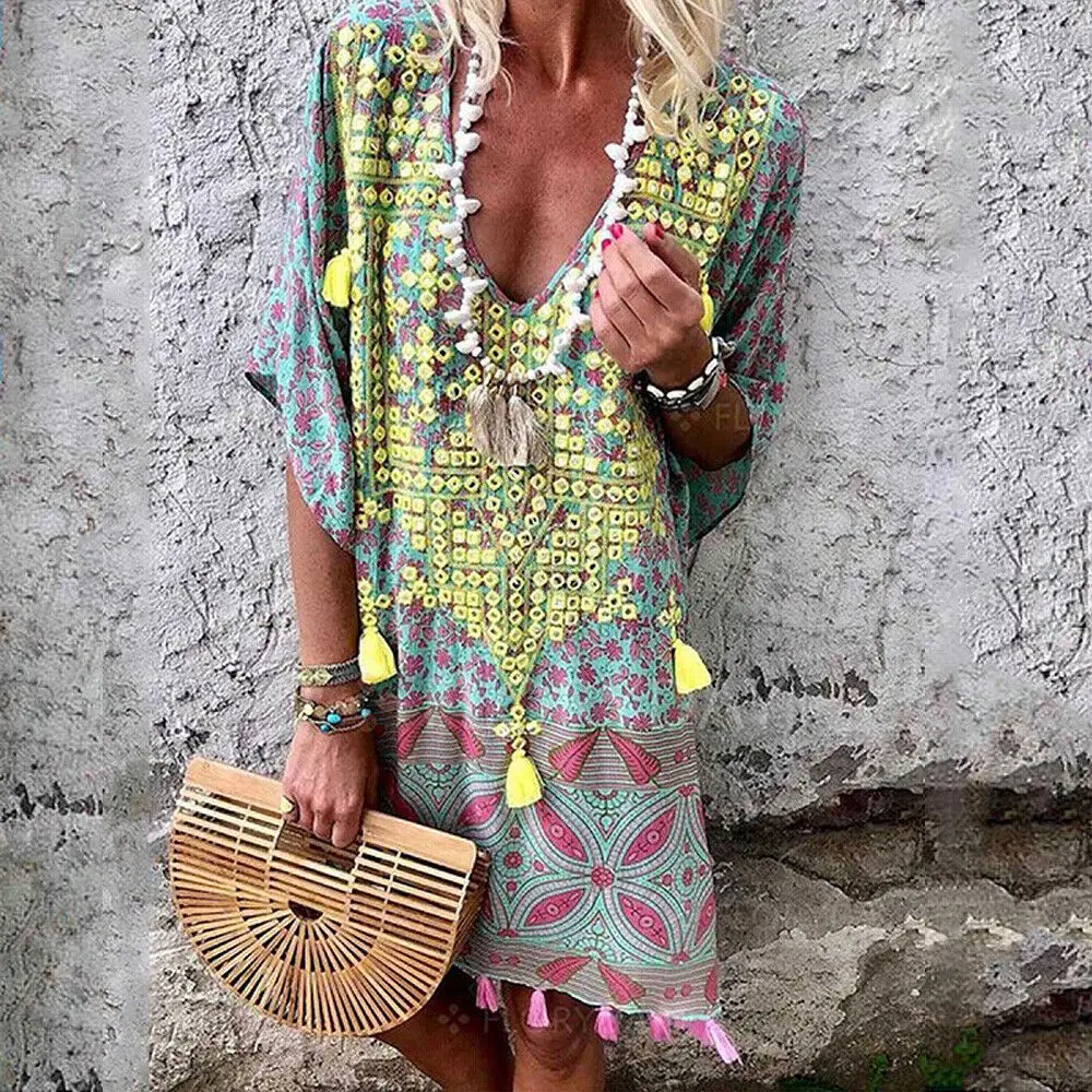 Женское богемное хлопковое льняное платье с коротким рукавом Свободный