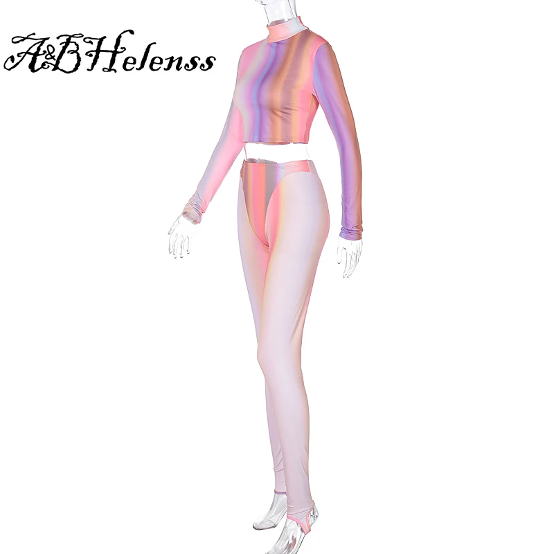 

A&BHelenss 2021 Summer Women Sets Streetwear Tracksuit Long Sleeve Rainbow Print Stripped Patchwork Crop Top Leggings 2 Pieces