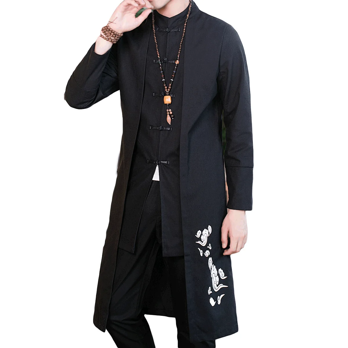 

2020new men's stand collar cotton and linen coat windbreaker large size long casual fashion overcoat single-breasted tench coat