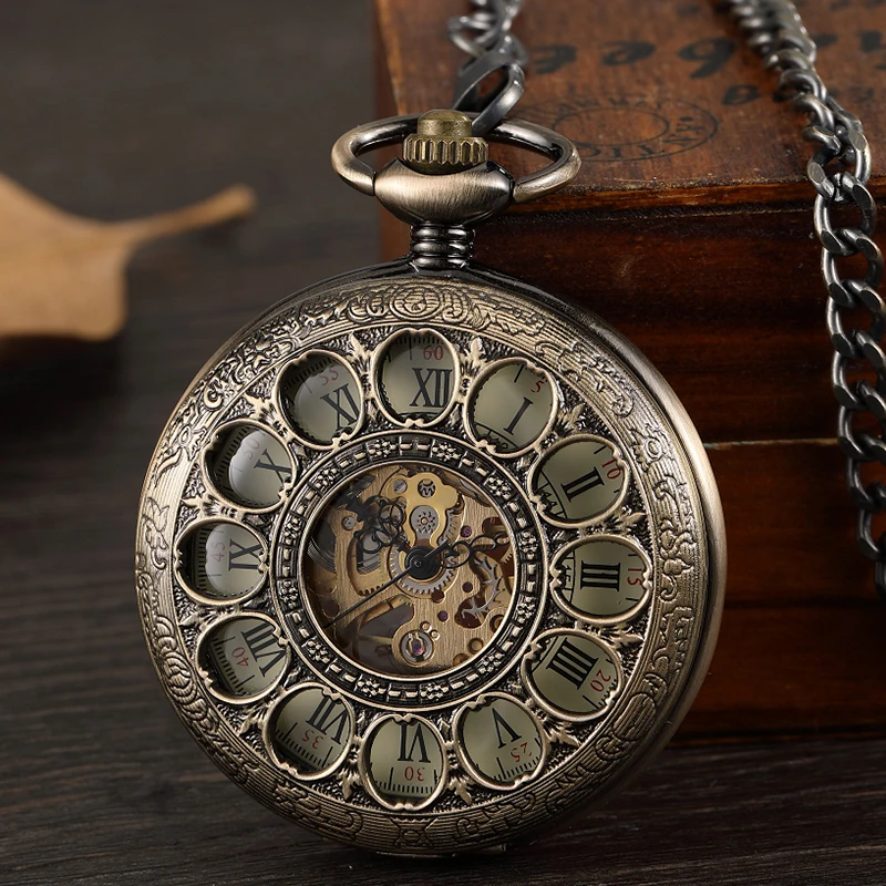 Mechanical Pocket Watch Antique Skeleton Dial Fob Chain Engrave Hollow Out Case Hanging Clock with Gift Box for Men Dropshipping
