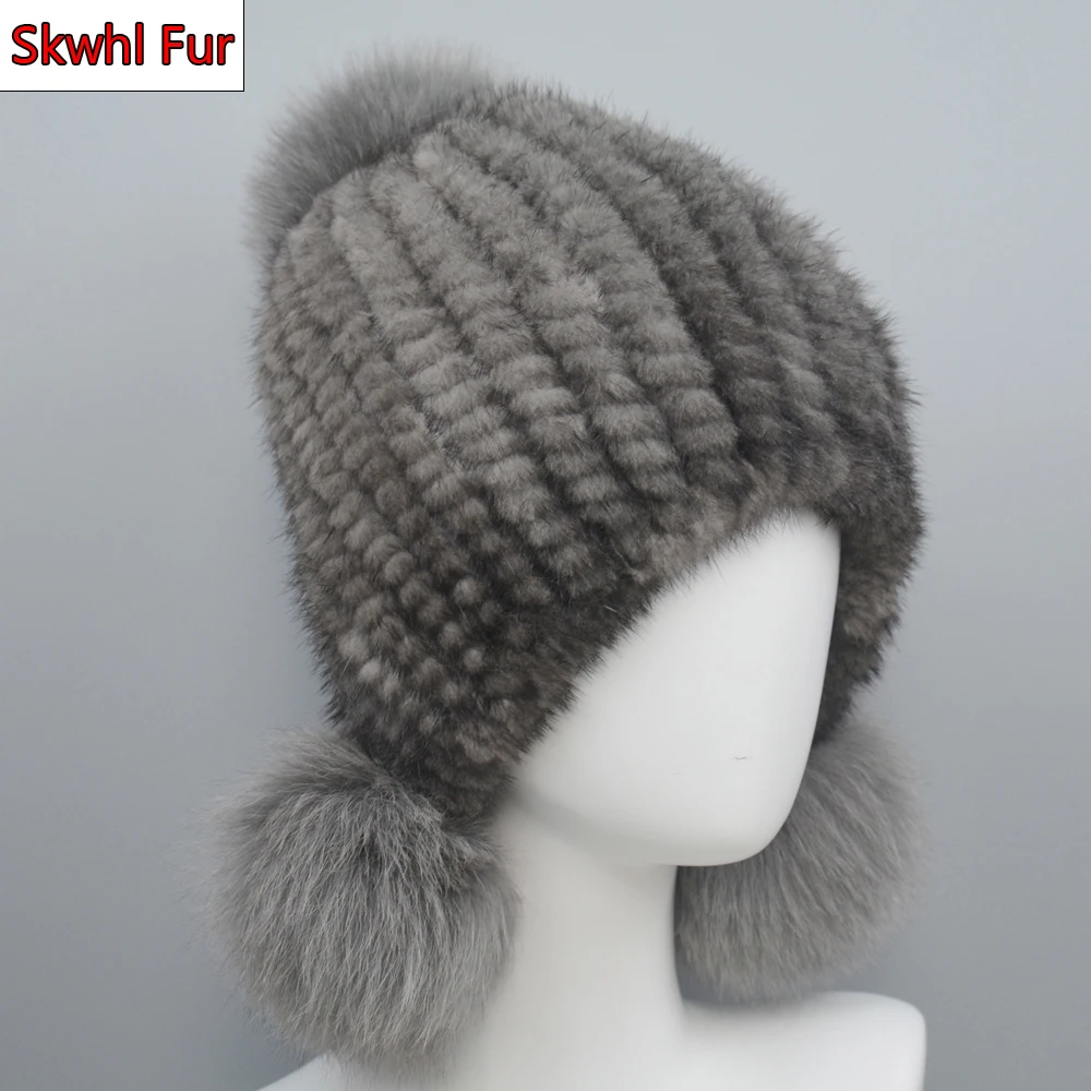 

Winter Women Outdoor Warm Real Mink Fur Hat Knitted Mink Fur Ear Warm Cap The Spiral Beanies Cap With Fox Fur Pom Pom On The Top