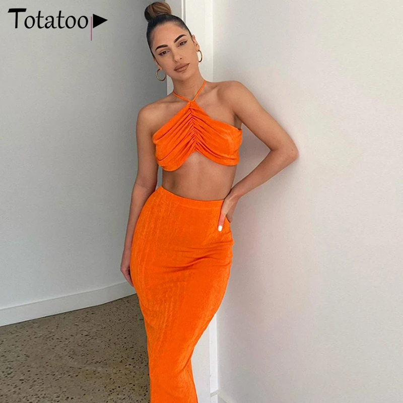 

Totatoop Ruched Halter Crop Top And Midi Skirts Beach Two Piece Set Summer Ladies Sleeveless Outfit Party Orange Women's Set