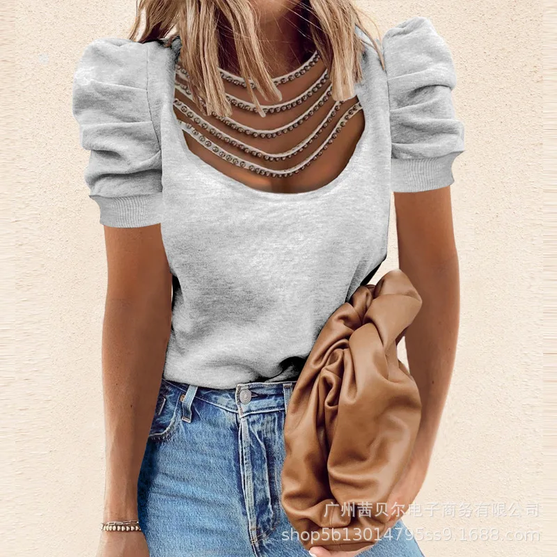 

WEPBEL T-shirt Summer Casual O-Neck Short Puff Sleeve Pleated Pullover T-shirt Women's Fashion Printed Loose T-shirt Tops