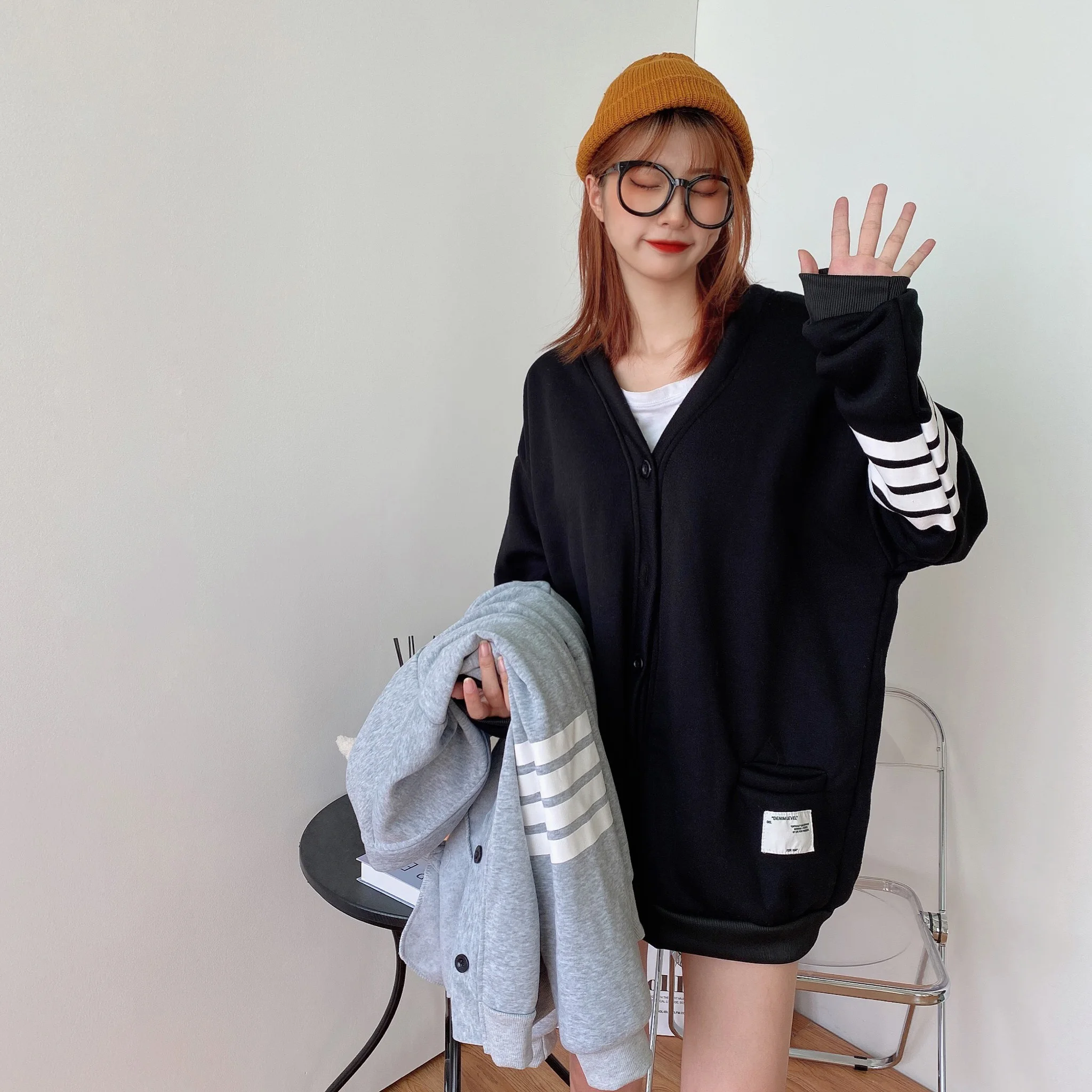 Harajuku Hoodies Women with Buttons V Collar Stripe Sweatshirt Warm Fresh Sweetshirt for Girls Loose Students Korean Style Chic