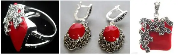 Набор ювелирных жемчужин модный дизайн красный резной лак марказит серебро 925